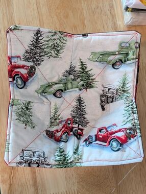 Hand Crafted Red & Green Vintage Truck Quilted Square Bowl Koozie